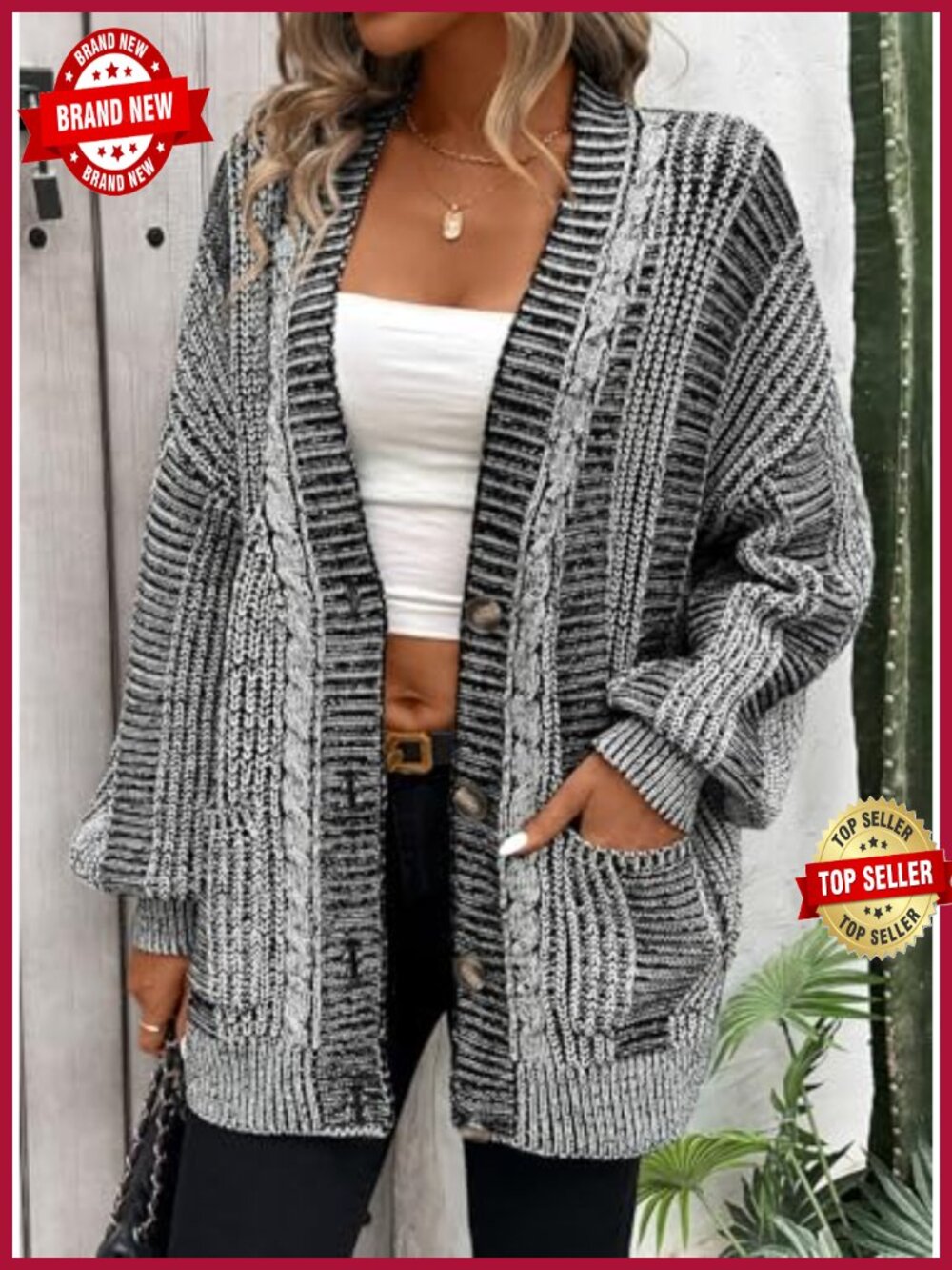Oversized Cable Knit Open Front Cardigan with Pockets - Picture 2 of 6